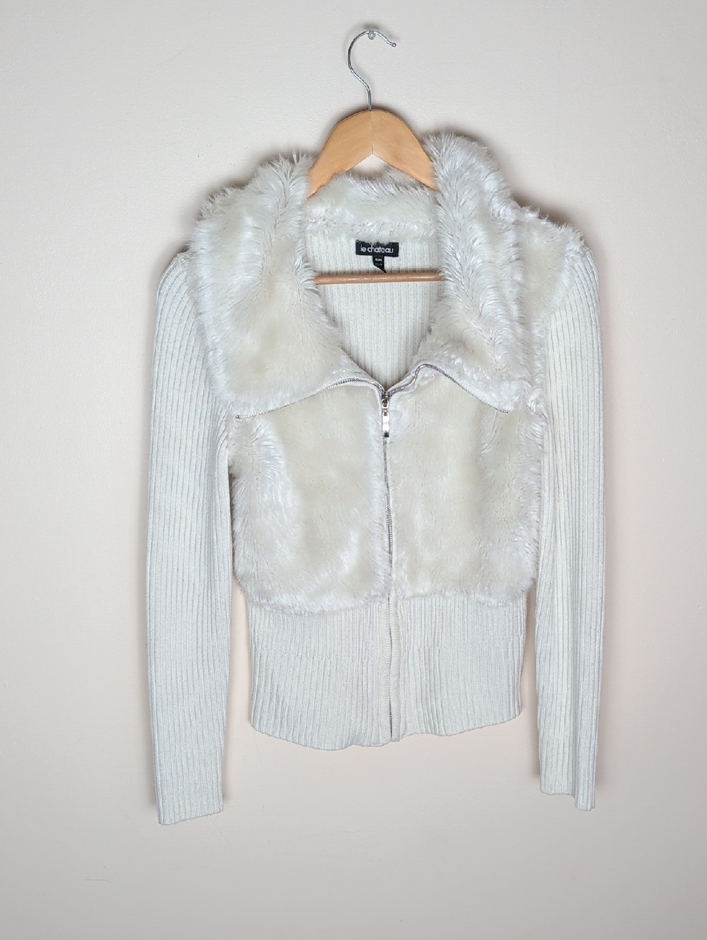 Vintage Le Chateau Wool Blend Faux Fur Zip Cardigan M GUC